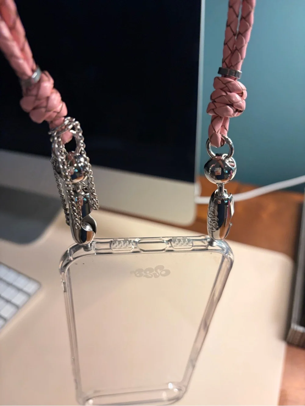 OSSA Clear iPhone AIR Phone Case with Pink Leather Braided Wrist Strap